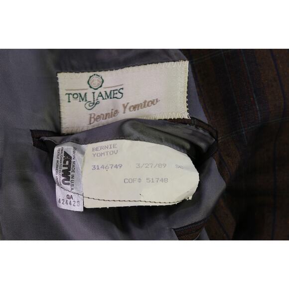 Tom James Vintage 80s Burgundy Brown Plaid Raw Silk 2-Btn Blazer Jacket 46R - Picture 9 of 9